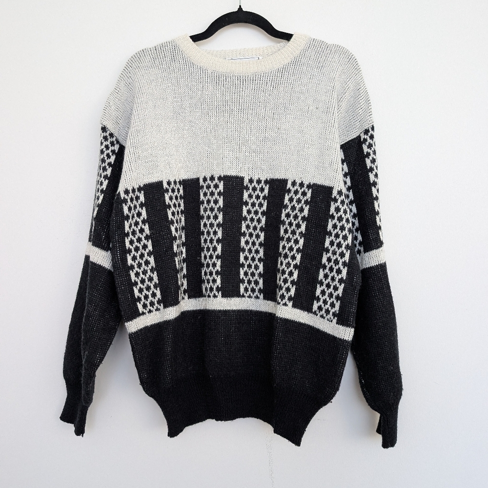 Vintage Wool Blend Block Black and White Patterned Crewneck Sweater Sz M